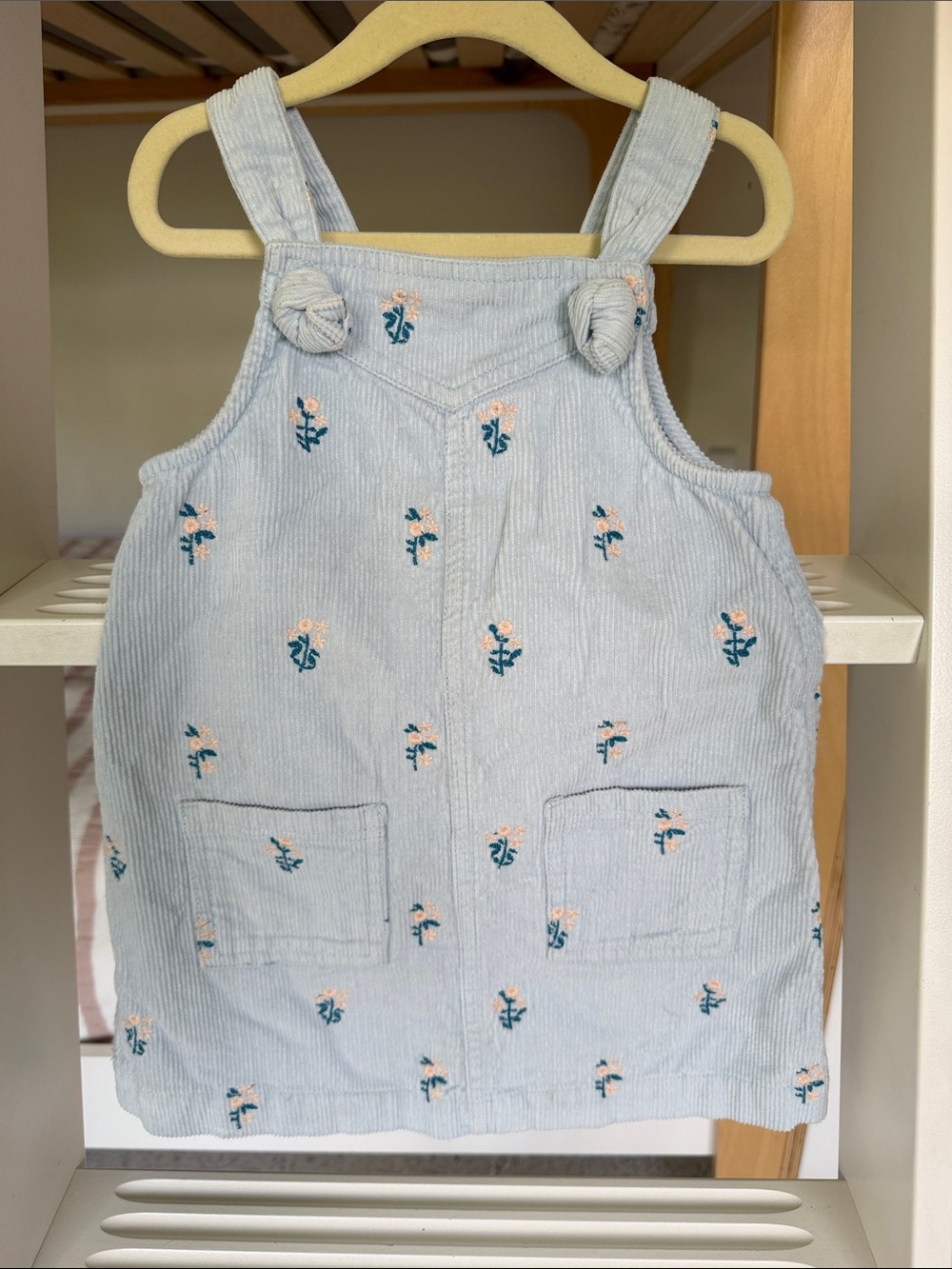 Girls Light Blue Corduroy Floral Embroidered Pinafore Romper